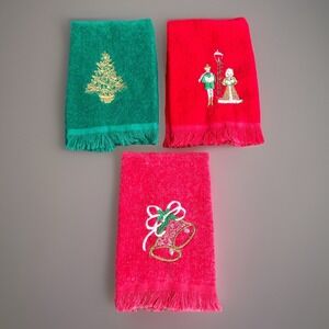 VTG Cannon Green Santa Claus Embroidered Hand Towel Set Of 3 Made In USA